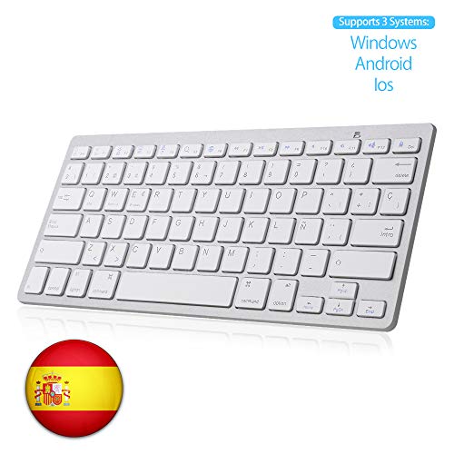 SENGBIRCH Teclado Bluetooth Español, Light Teclado Inalámbrico Portátil para iPhone de iOS, iPad, Samsung, Huawei, Android, Windows y Cualquier Dispositivo con Bluetooth, Teclado Bluetooth (Blanco)