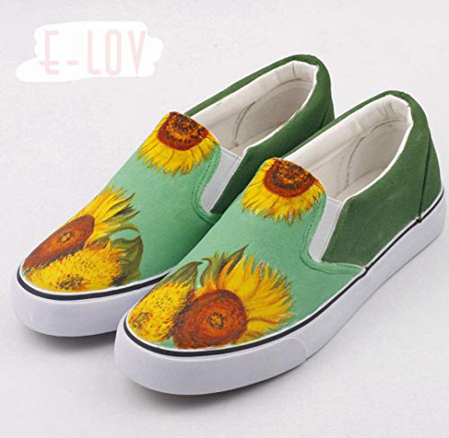 Señoras de los zapatos de lona, ​​Bella zapatos vulcanizados pintado a mano de nuevo de las mujeres de girasol Pisos pintado a mano de Van Gogh Pintura de diseño de moda Calzado Personalizado,C,39