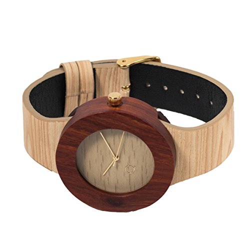 seQoya - Colorado | Reloj de Madera con Esfera de Madera y Correa de Piel ecológica simulando Madera Estampada | Reloj Hombre y Mujer | Diseño único y Original