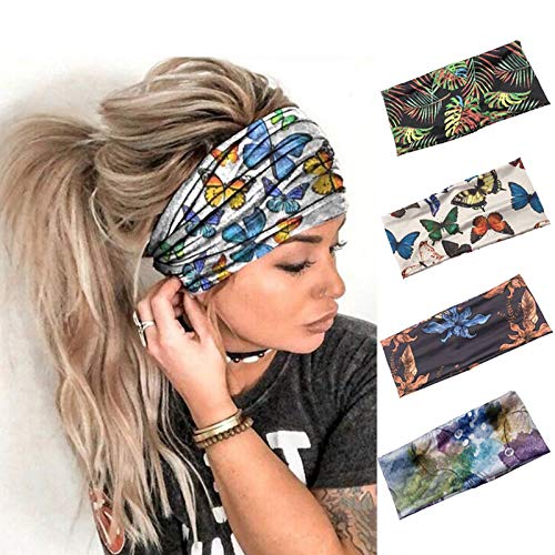 Sethain Boho Amplio Venda Yoga Bandeau Elástico Banda para el cabello Pañuelo de impresión Sombreros elásticos Para mujeres y niñas （paquete de 4）