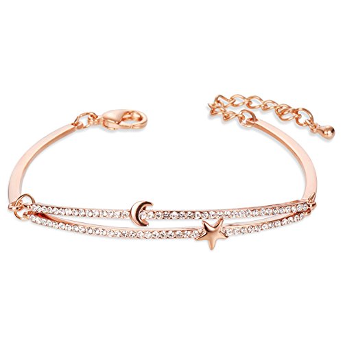 SHEGRACE Brazaletes Mujer Latón Chapado en Oro Rosa, Luna y Estrella Pulsera, Joyería para Mujer Niñas, Regalo para Día de la Madre El Día de San Valentín La Navidad El Cumpleaños