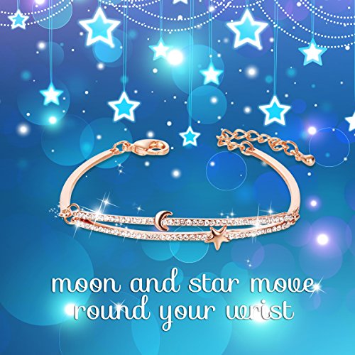 SHEGRACE Brazaletes Mujer Latón Chapado en Oro Rosa, Luna y Estrella Pulsera, Joyería para Mujer Niñas, Regalo para Día de la Madre El Día de San Valentín La Navidad El Cumpleaños