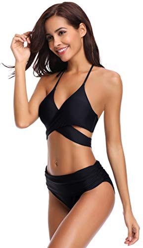 SHEKINI Bikini de Traje de baño de Colores Oscuros para Mujer Bikini de Tirantes Bikini de Cintura Alta de Dos Piezas (L, Negro)