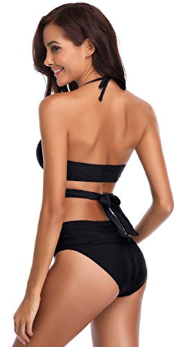 SHEKINI Bikini de Traje de baño de Colores Oscuros para Mujer Bikini de Tirantes Bikini de Cintura Alta de Dos Piezas (L, Negro)