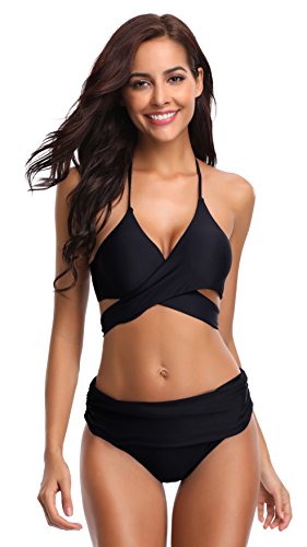 SHEKINI Bikini de Traje de baño de Colores Oscuros para Mujer Bikini de Tirantes Bikini de Cintura Alta de Dos Piezas (L, Negro)