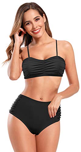 SHEKINI Mujer Bañador de Dos Piezas Correa de Hombro Ajustable Ruched Bandeau Top Retro Bikini Dos Piezas Elegante Traje de Baño Ruched Cintura Alta Parte Inferior del Bikini (Negro, L)