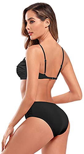 SHEKINI Mujer Bañador de Dos Piezas Correa de Hombro Ajustable Ruched Bandeau Top Retro Bikini Dos Piezas Elegante Traje de Baño Ruched Cintura Alta Parte Inferior del Bikini (Negro, L)