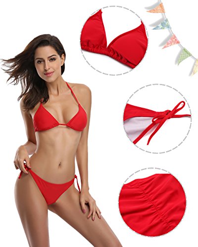 SHEKINI Mujer de Lazo Lateral de la Parte Inferior Push Up Remata Superior Triángulo Bikini Bañador (Large, Rojo)