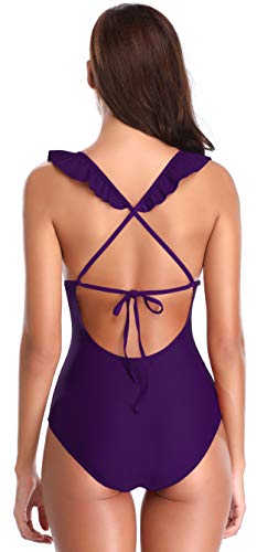 SHEKINI Traje de Baño Mujer Una Pieza Bikini Rizado Atractivo de Mujeres de Baño Push Up Sujetador Acolchado Traje de Una Pieza Mujer(Small,Morado)