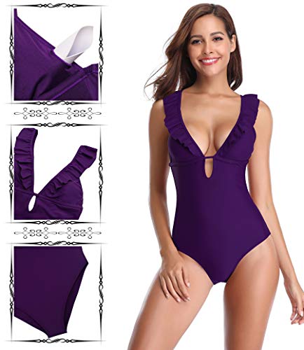 SHEKINI Traje de Baño Mujer Una Pieza Bikini Rizado Atractivo de Mujeres de Baño Push Up Sujetador Acolchado Traje de Una Pieza Mujer(Small,Morado)