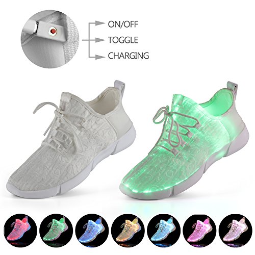 Shinmax Zapatillas Fibra Optica, Zapato LED 7 Colores 4 Modos Recargables USB Zapatos Deportivos Súper Ligeros para Hombre y Mujer