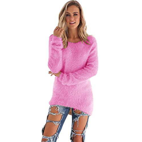 SHOBDW Mujer Suéter para Mujer Cuello Redondo Cárdigan Ocasional Sólido Suelto Otoño Invierno Tops de Manga Larga Cálido Prendas de Punto Jersey Jerséis Blusa Abrigo Vestido(Rosa Caliente,S)