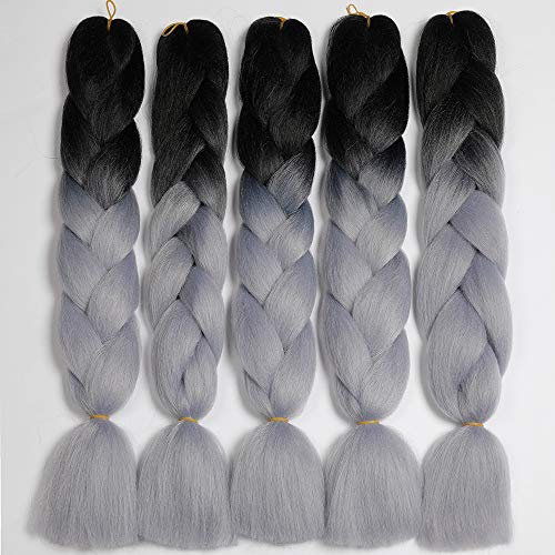 Showjarlly 5 Piezas Ombre Jumbo Braid Pelo Sintético 24 Pulgadas 100g Kanekalon Extensiones de Trenzado de Cabello Para Ganchillo Trenzado Trenzado de Pelo (5PCS, B37-Negro Silve)