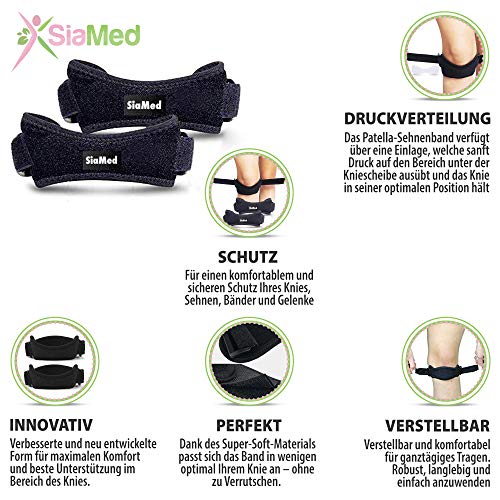 SiaMed - 2 correas para la rodilla - Rodillera para el tendón de rótula - Jumpers Knee - Menisco - Banda de rodilla ajustable para correr, senderismo y fútbol en negro