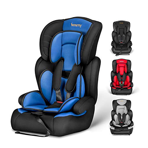 Silla de coche, Besrey bebe silla coche Grupo 1/2/3 para bebe/niños desde 9 meses a 12 años, 5 puntos fijos, Reposacabezas ajuste de altura de 4 posiciones, Puede sentarse o sentarse（Azul de moda）