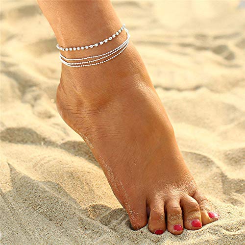 Simsly Crystal Tobilleras Pulseras de tobillo en capas plateadas Accesorios para joyería de pie de playa Ajustable para mujeres y niñas