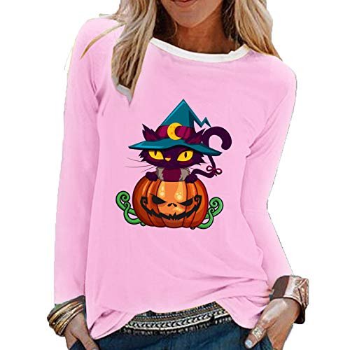 SLYZ Otoño E Invierno Nuevas Damas Halloween Nueva Calabaza Miau Estampado Fresco Y Dulce Belleza Camiseta De Manga Larga Top