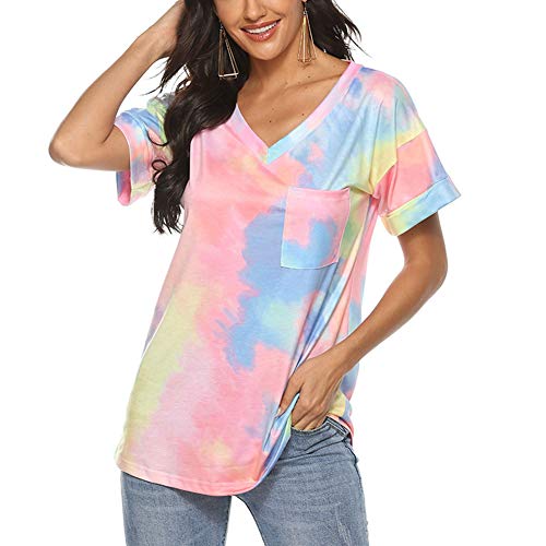 SLYZ Verano De Las Mujeres Europeas Y Americanas Estilo Casual Suelta Cuello Redondo/Botón con Cuello En V Gradiente Tie-Dye Moda Camiseta De Manga Corta Top Femenino