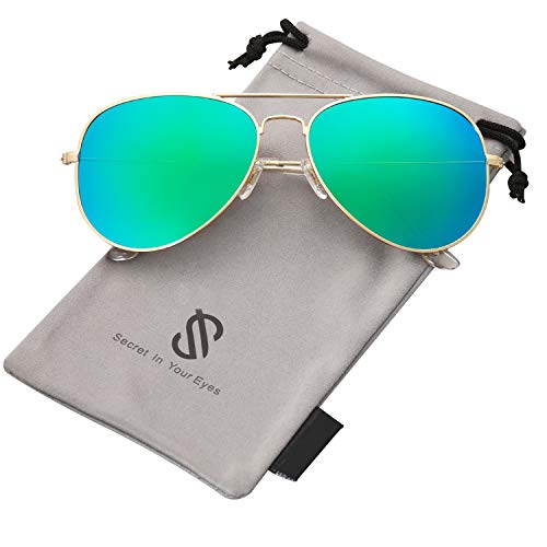 SOJOS Gafas De Sol Para Hombres Y Mujeres Aviator Clásico Marco Metal Lentes Espejo Polarizadas SJ1054 Marco Dorado/Lentes Verde