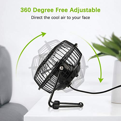 solawill Ventilador USB Mini Ventilador de Mesa Portátil Rotación 360º Pequeño y Potente Ventilador Silencioso para Hogar y Oficina o Viaje Metal Mini Fan - Negro