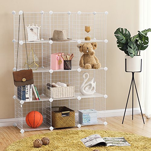 SONGMICS Armario Modular de Malla de Hierro, Estantería de Almacenaje con 12 Cubos, Organizador Modulable y Ajustable, Multiuso, para Libros, Ropa y Zapatos, en Baño, 93 x 31 x 123 cm, Blanco LPI34W