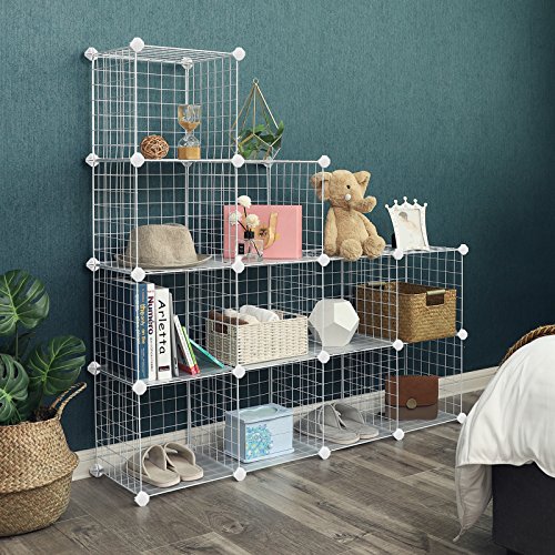 SONGMICS Armario Modular de Malla de Hierro, Estantería de Almacenaje con 12 Cubos, Organizador Modulable y Ajustable, Multiuso, para Libros, Ropa y Zapatos, en Baño, 93 x 31 x 123 cm, Blanco LPI34W