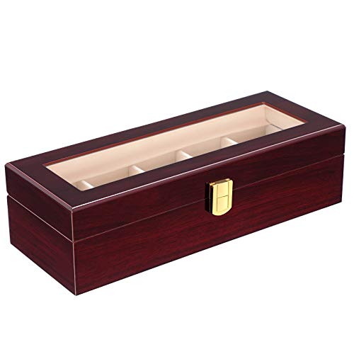 SONGMICS Caja de Relojes con 5 Compartimientos, Estuche de Madera para Relojes, Tapa de Vidrio, Almohadillas Extraíbles, Forro de Terciopelo, Cierre de Metal, Color Caoba JOW05RD