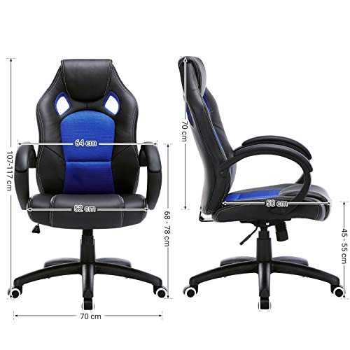 SONGMICS OBG56L Racing - Silla de Escritorio de Oficina Ergonómica Regulable con Ruedas, color Azul