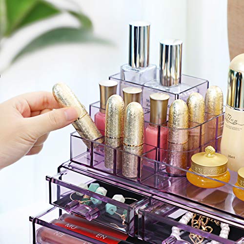 SONGMICS Organizador Cosmético, Estuche de Maquillaje con 4 Cajones y 11 Compartimentos de Diferentes Tamaños, Esteras Antideslizantes, Maquillaje y Joyería, Color Lavanda JKA001PL