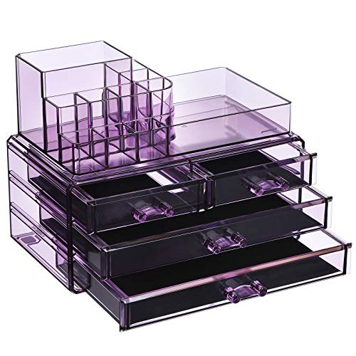 SONGMICS Organizador Cosmético, Estuche de Maquillaje con 4 Cajones y 11 Compartimentos de Diferentes Tamaños, Esteras Antideslizantes, Maquillaje y Joyería, Color Lavanda JKA001PL