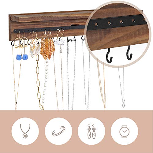 SONGMICS Organizador de Pared para Joyas, Expositor de Joyas Montado en Pared, Ganchos para Collares, Soporte para Pendientes, Pulseras, Regalo, Color Madera Ahumado JJS10CB