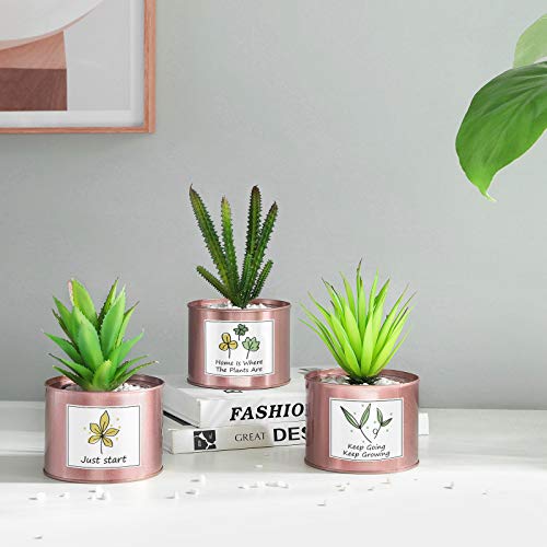 SONGMICS Plantas Artificiales en Maceta, Juego de 3, Plantas Falsas, Plantas Decorativas para Sala de Estar, Oficina, Librería, Decoración de Mesa, Macetas Doradas de Rosa, Plantas Verdes LAP204A02