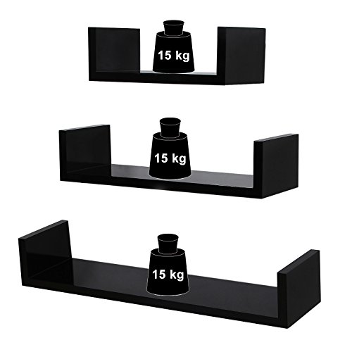 SONGMICS Set de 3 Estantes de Pared, Estantes Flotantes, 30/45/60 cm, Decorativos, Creativos, para Habitación, Salón, Cocina, Pasillo, Capacidad de Carga de 15 kg, Negro LWS66B