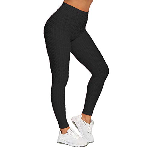 SotRong - Pantalones de yoga para mujer, cintura alta, con fruncido, para gimnasio, control de barriga, levantamiento de glúteos, Primavera-Verano, Mujer, color Negro (, tamaño 34