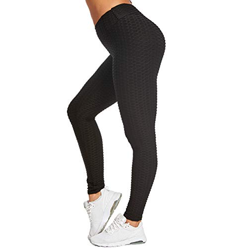 SotRong - Pantalones de yoga para mujer, cintura alta, con fruncido, para gimnasio, control de barriga, levantamiento de glúteos, Primavera-Verano, Mujer, color Negro (, tamaño 34