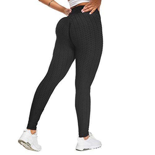 SotRong - Pantalones de yoga para mujer, cintura alta, con fruncido, para gimnasio, control de barriga, levantamiento de glúteos, Primavera-Verano, Mujer, color Negro (, tamaño 34