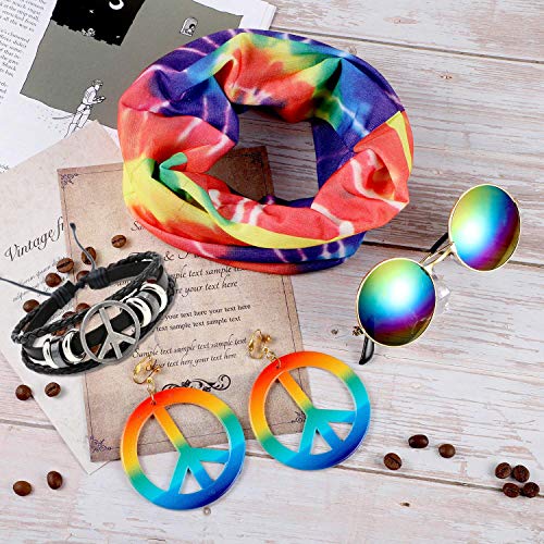 SPECOOL Conjunto de Disfraces Hippie Accesorios Hippie Collar y aretes Rainbow Peace Pulsera Rainbow Headband Gafas de Sol Estilo años 60 Halloween Hippy Dress Up para la Fiesta temática de los años