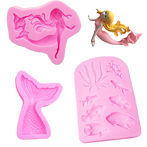 Sprießen 4 Piezas Molde de Sirena Molde de Silicona, Marina Animales Moldes Silicona, Moldes Silicona Reposteria para Decorar Pasteles, Chocolate, gelatina, Dulces