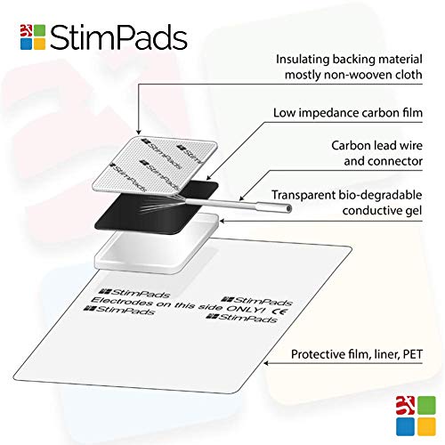 StimPads, 50X90mm, Pack de 12 Unidades de Alto Rendimiento, electrodos TENS - EMS de Larga duración con Conector Universal Tipo Pin de 2mm