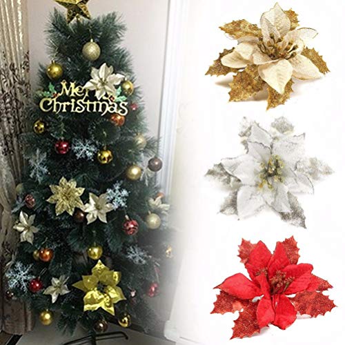 STOBOK 13cm Flores Artificiales Brillo Flor de Pascua Adornos para árboles de Navidad Decoraciones de Boda de Navidad Flor Plata - 24pcs