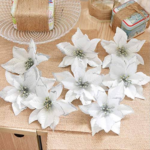 STOBOK 13cm Flores Artificiales Brillo Flor de Pascua Adornos para árboles de Navidad Decoraciones de Boda de Navidad Flor Plata - 24pcs