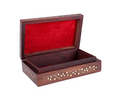 Store Indya Precioso del palo de rosa de la joyeria de almacenamiento caja del recuerdo decorativo floral Organizador laton embutido