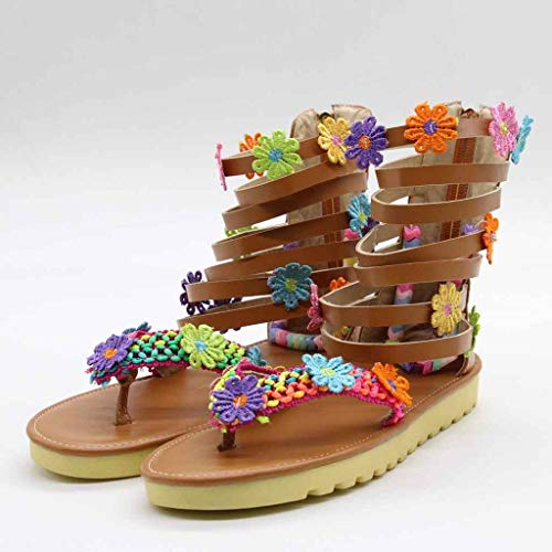 STRIR Mujer Sandalias Romanas Botas Altas Zapatos Antideslizante Cuero Chicas Verano Sandalias Bohemia Mujer Sandalias de Cuero de Gladiador Pisos Zapatos Sandalias Planas Playa