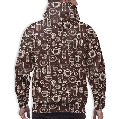 Sudadera con Capucha para Hombre, patrón de Estilo Dibujado a Mano con Tazas de té y café, rosquillas y Dulces, Camisetas de Manga Larga con Estampado 3D