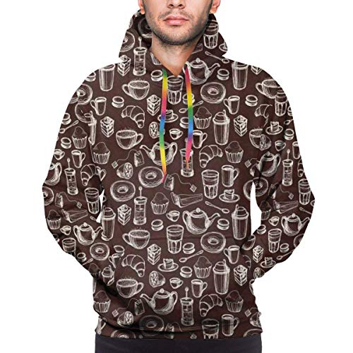 Sudadera con Capucha para Hombre, patrón de Estilo Dibujado a Mano con Tazas de té y café, rosquillas y Dulces, Camisetas de Manga Larga con Estampado 3D