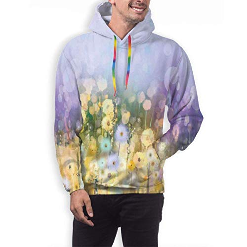 Sudaderas con Capucha para Hombres Sudadera con Capucha, manzanilla y Diente de león Paisaje de Pradera en Colores Contrastantes Vista idílica, impresión en 3D Camisetas de Manga Larga con Capucha i