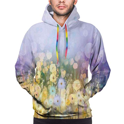 Sudaderas con Capucha para Hombres Sudadera con Capucha, manzanilla y Diente de león Paisaje de Pradera en Colores Contrastantes Vista idílica, impresión en 3D Camisetas de Manga Larga con Capucha i