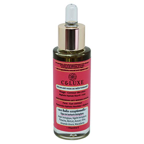 Suero natural antiarrugas del Mediterráneo: rostro con aceite de higo de barbarie orgánico, concentrado en aceites antiedad y embellecedores, Vitamina E, sin silicona, vegan, 30 ml.