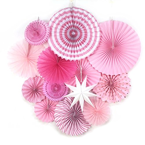 Sunbeauty Decoración Abanicos de Papel Baby Shower, 13 Piezas Rosa Ventilador de Papel con Estrellas Papel para Colgar Decoración de Pared para Cumpleaños Boda Carnaval Bebé Ducha Fiesta Suministros