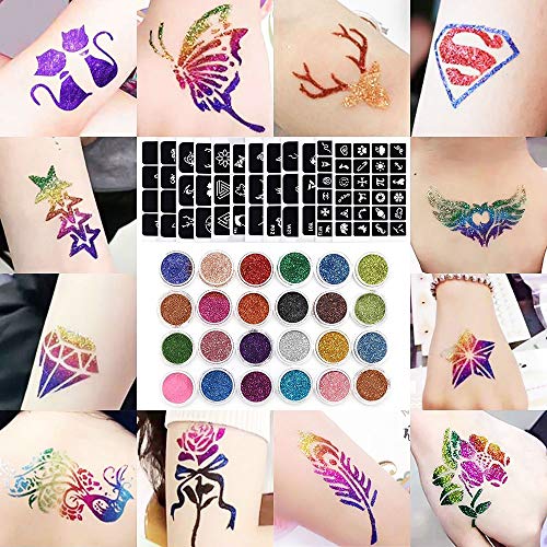 SunTop Kit de Tatuajes, Temporales Tatuaje de Brillo con 24 Brillos, 120 Plantillas de Tatuaje, 5 Pinceles, 2 Pegamentos, Tatuaje de Brillo para el Cuerpo Brillos de Tatuaje